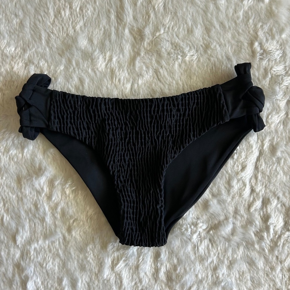 Tori Praver Solid Black‎ Smocked Bikini Bottom Swimsuit Laced Cut Out Sides - XS